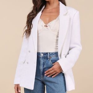 Lulus Polished Personality White Tweed Pearl Double Breasted Blazer - Size XS